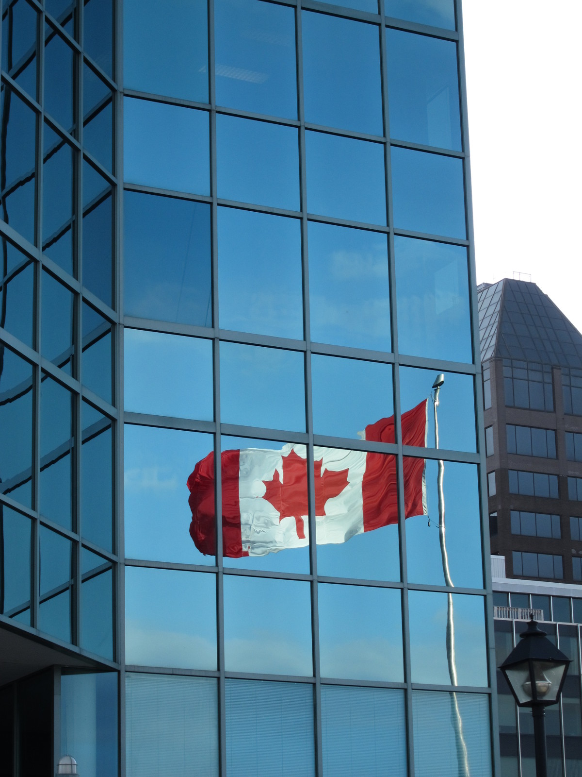 Reflection of a Canadian Flag on a Glass Facade